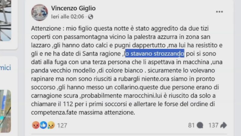 Pestaggio di notte, la denuncia: “Mio figlio quasi strozzato”